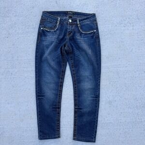 Southpole Women's y2k Rhinestone Low Rise Denim Jeans Size 9 Bedazzled Capri